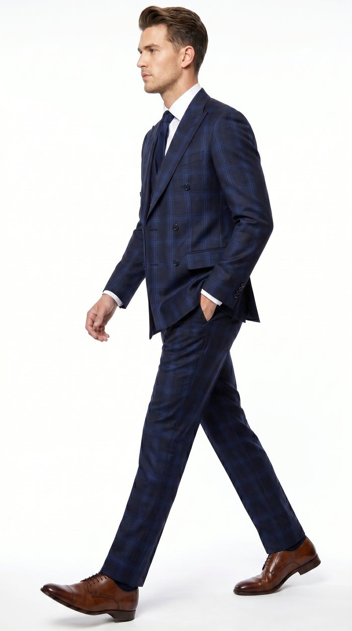 Men’s Indigo Sapphire Blue Plaid 3 Piece Suit with Double Breasted Vest, Slim Fit Windowpane Suit