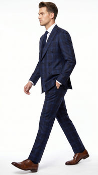 Men’s Indigo Sapphire Blue Plaid 3 Piece Suit with Double Breasted Vest, Slim Fit Windowpane Suit