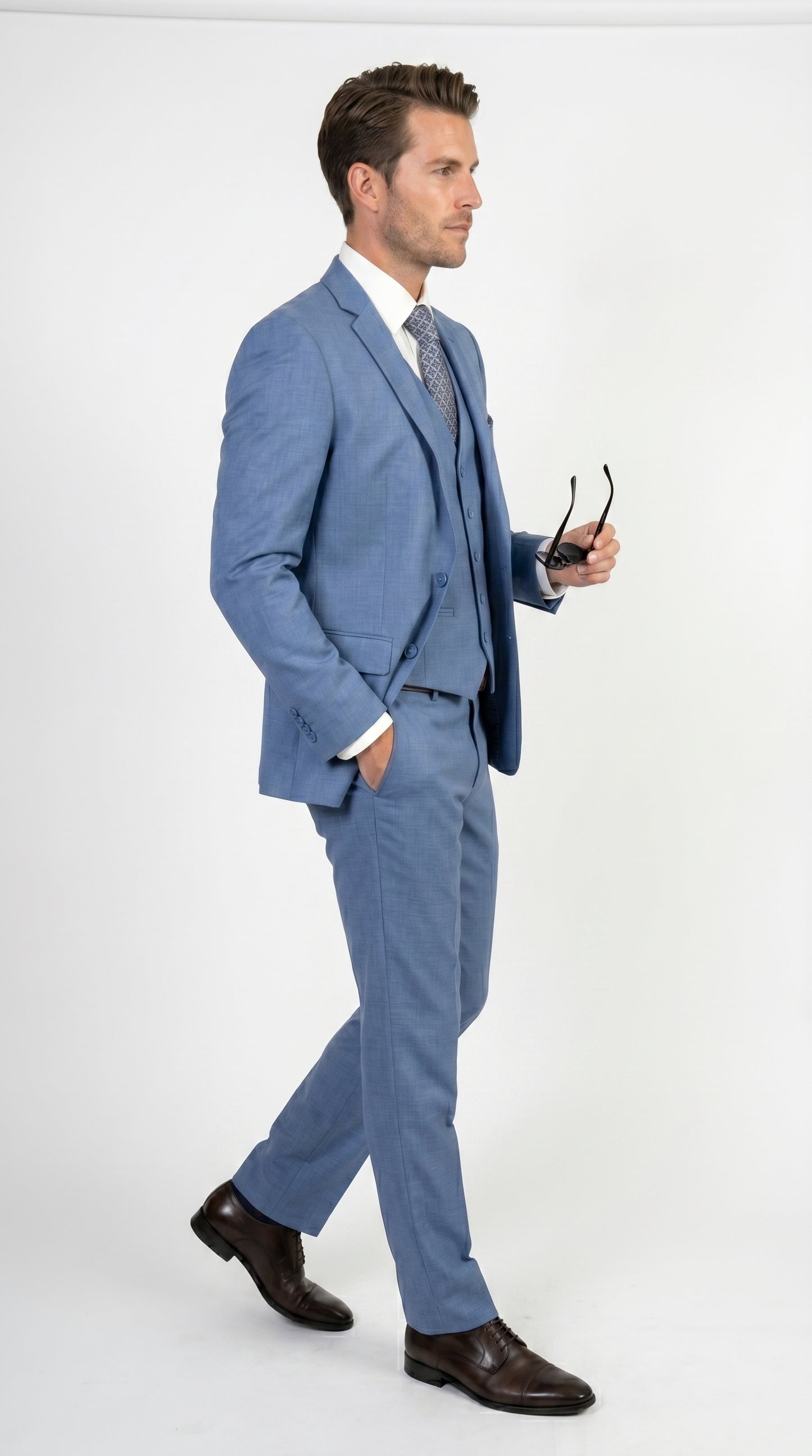 Men’s Ice Blue 3 Piece Suit with Vest, Formal Wedding Prom Dress Suit Modern Fit