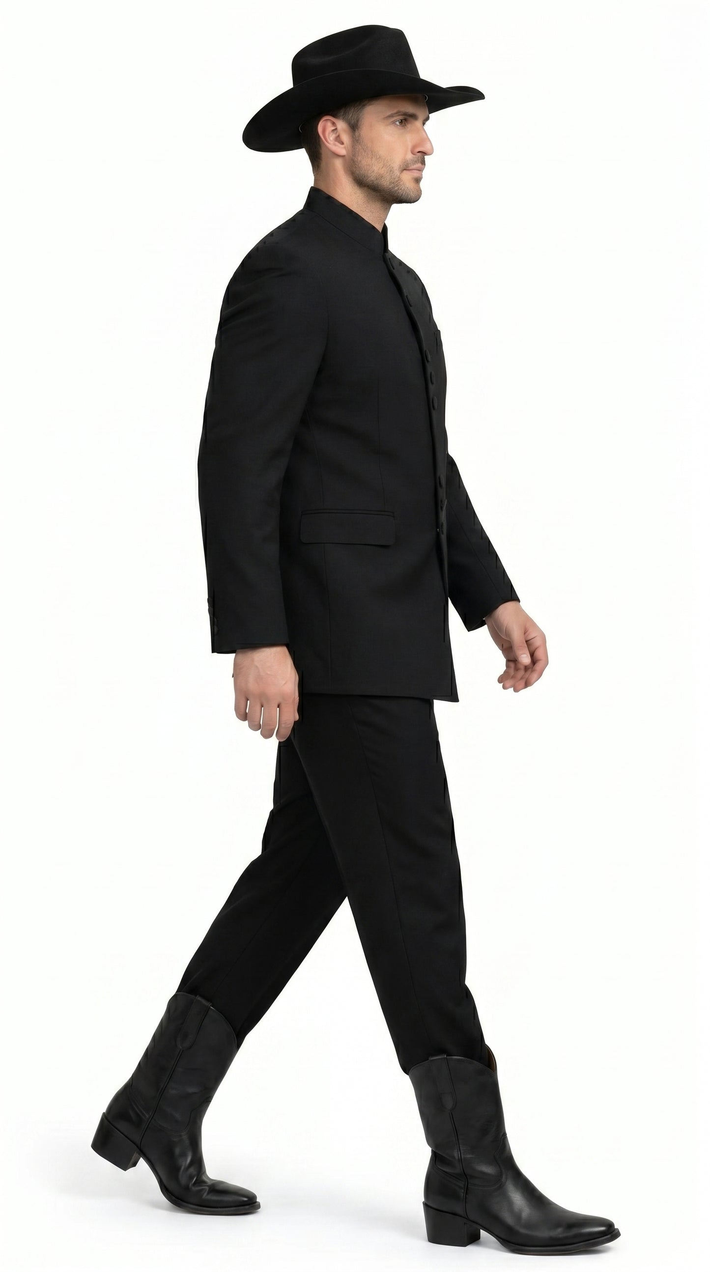 Men’s Apollo King Black 2 Piece Nehru Style Suit with Mandarin Collar, Formal Banded Collar Suit Modern Fit