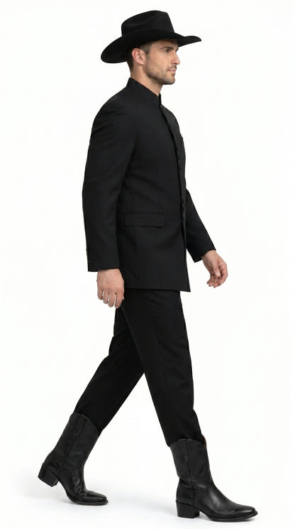 Men’s Apollo King Black 2 Piece Nehru Style Suit with Mandarin Collar, Formal Banded Collar Suit Modern Fit