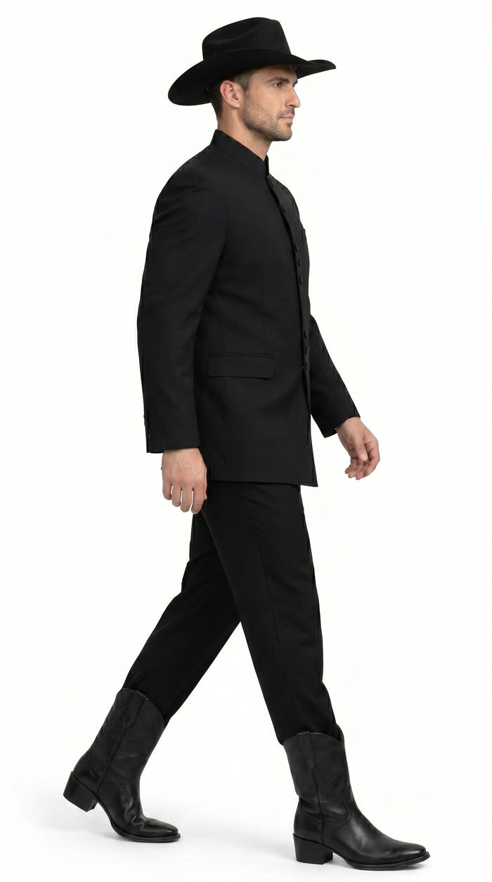 Men’s Apollo King Black 2 Piece Nehru Style Suit with Mandarin Collar, Formal Banded Collar Suit Modern Fit