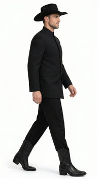 Men’s Apollo King Black 2 Piece Nehru Style Suit with Mandarin Collar, Formal Banded Collar Suit