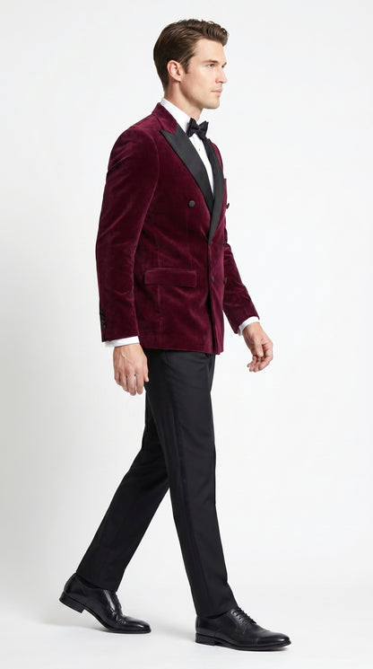 Men’s Burgundy Velvet Tuxedo, Slim Fit Double Breasted Formal Tuxedo Suit for Wedding, Prom and Groom Wear