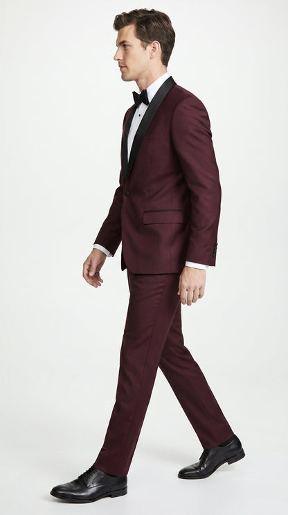 Men’s Maroon Slim Fit Tuxedo with Black Satin Lapel, Burgundy Wine Formal Prom Suit