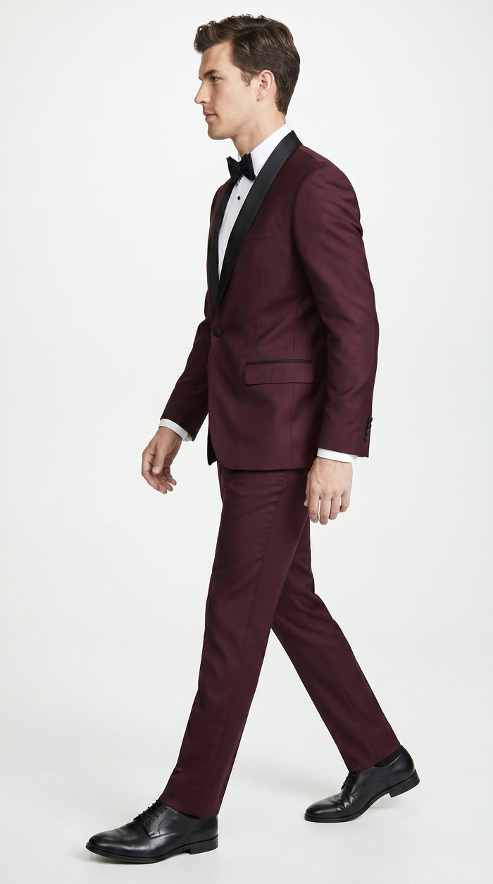 Men’s Maroon Slim Fit Tuxedo with Black Satin Lapel, Burgundy Wine Formal Prom Suit