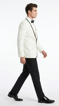 Men’s One Button Ivory Tuxedo Suit with Black Trim, Formal Wedding Prom Dinner Jacket