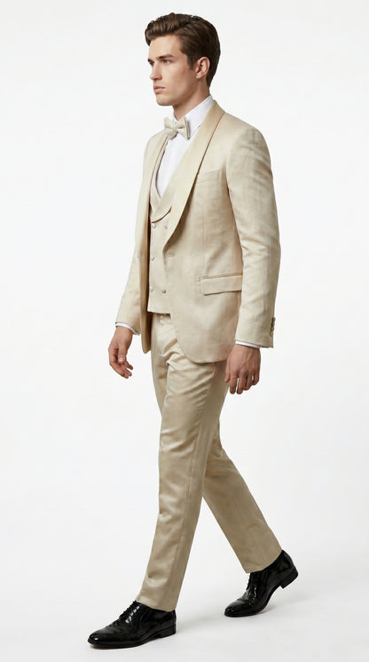 Men’s Tan Floral Shawl Lapel Tuxedo Set, Wedding and Prom Formal Suit