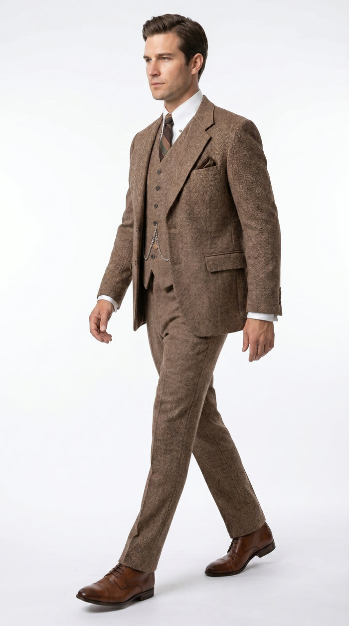 Men’s Light Brown Great Gatsby Tweed Herringbone Vested Suit, Tobey Maguire Inspired 1920s Formal Outfit Modern Fit