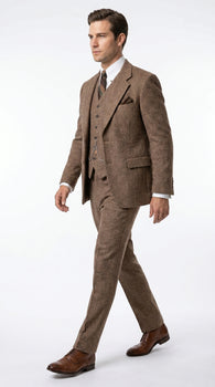 Men’s Light Brown Great Gatsby Tweed Herringbone Vested Suit, Tobey Maguire Inspired 1920s Formal Outfit
