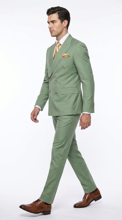 Rossiman Men’s Sage Green Double Breasted Suit with Gold Buttons, Slim Fit Lightweight Summer Suit