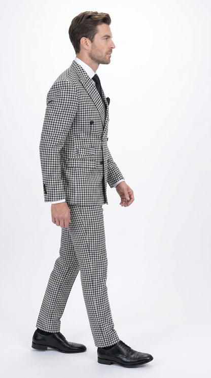 Men’s Black & White Houndstooth Double Breasted Wool Suit – 2 Piece Peak Lapel Suit Modern Fit