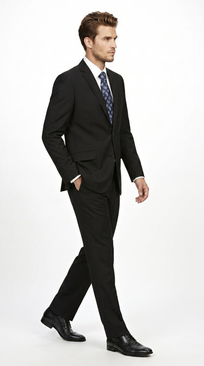 Men’s Black 2 Piece Slim Fit Business Suit with Wide Fish Cut Styling
