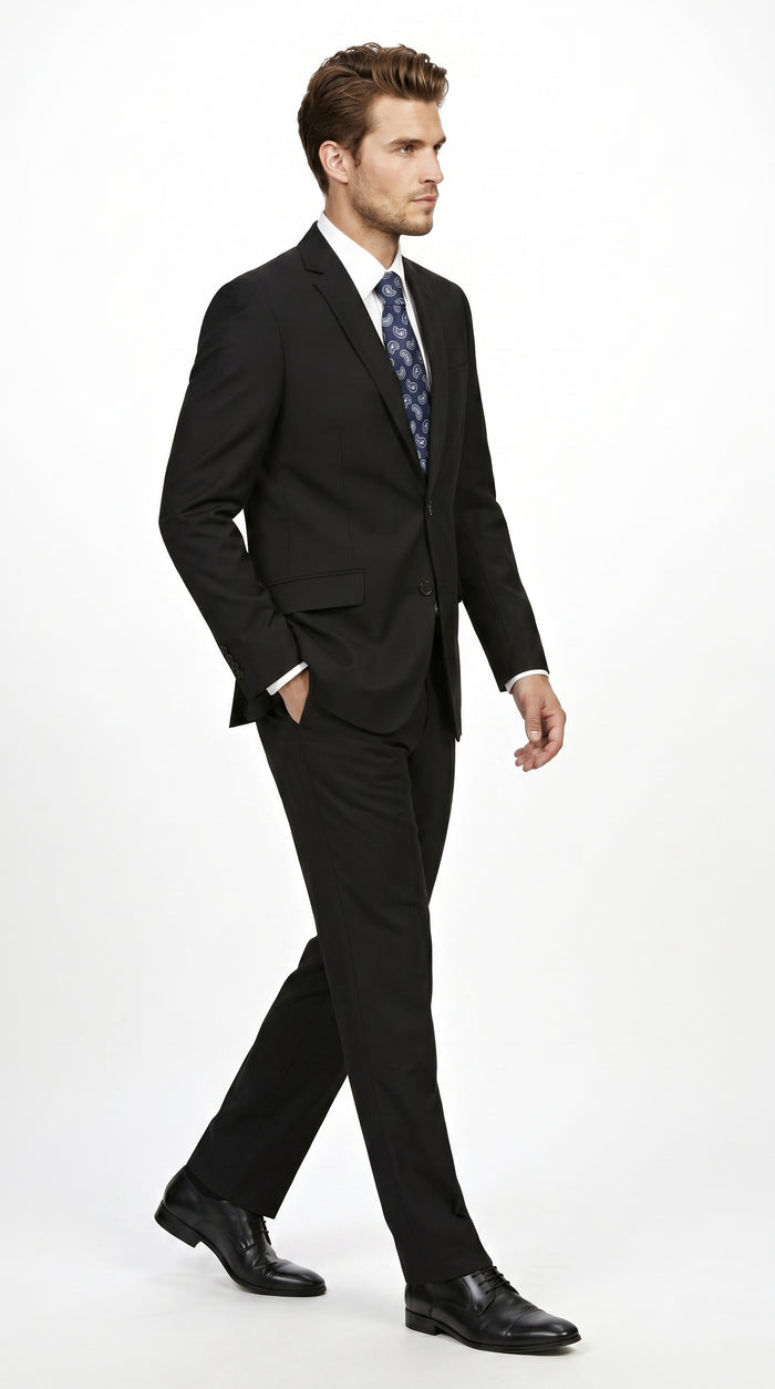 Men’s Black 2 Piece Slim Fit Business Suit with Wide Fish Cut Styling