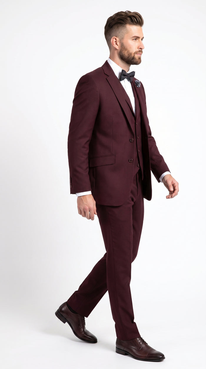 Men’s Burgundy Regular Fit Suit with Vest, Formal Wedding Prom Dress Suit Modern Fit