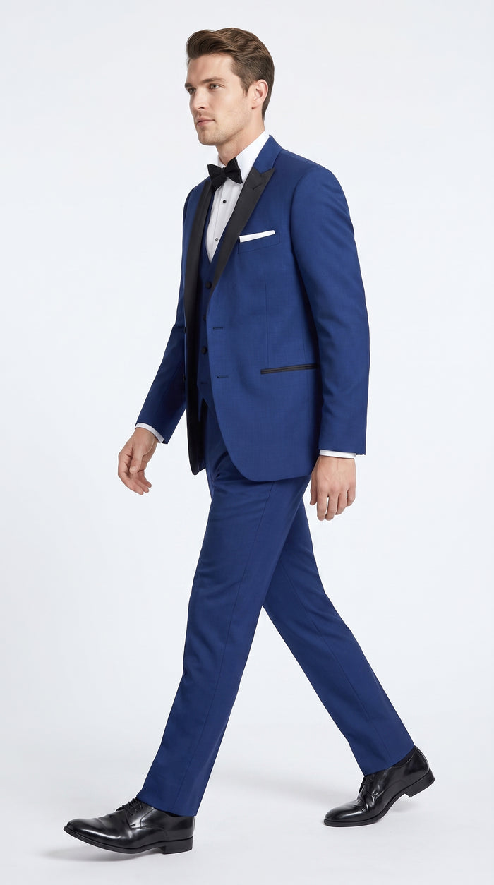 Men’s Indigo Blue Sapphire Cobalt Blue 1 Button Vested Tuxedo with Black Satin Peak Lapel