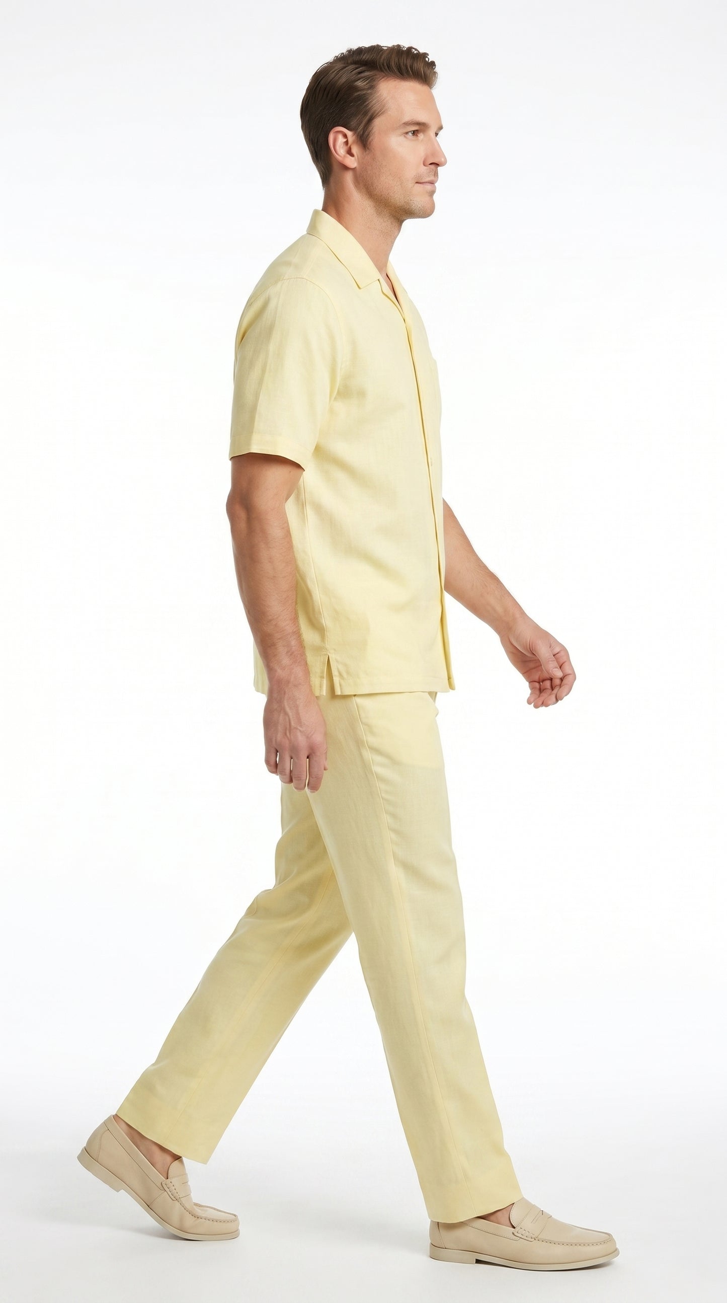 Men’s Cream 100% Linen Walking Suit, Short Sleeve Shirt and Matching Pants Casual Summer Set