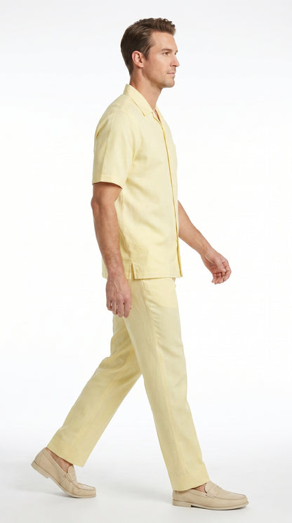 Men’s Cream 100% Linen Walking Suit, Short Sleeve Shirt and Matching Pants Casual Summer Set