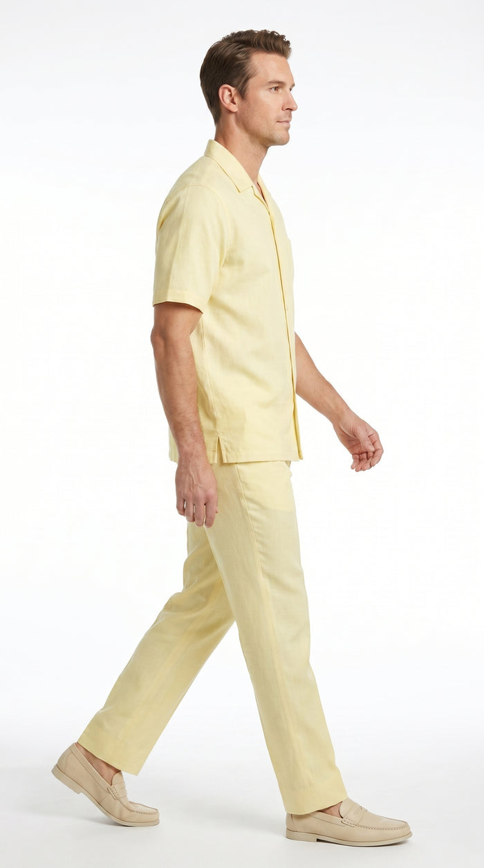 Men’s Cream 100% Linen Walking Suit, Short Sleeve Shirt and Matching Pants Casual Summer Set
