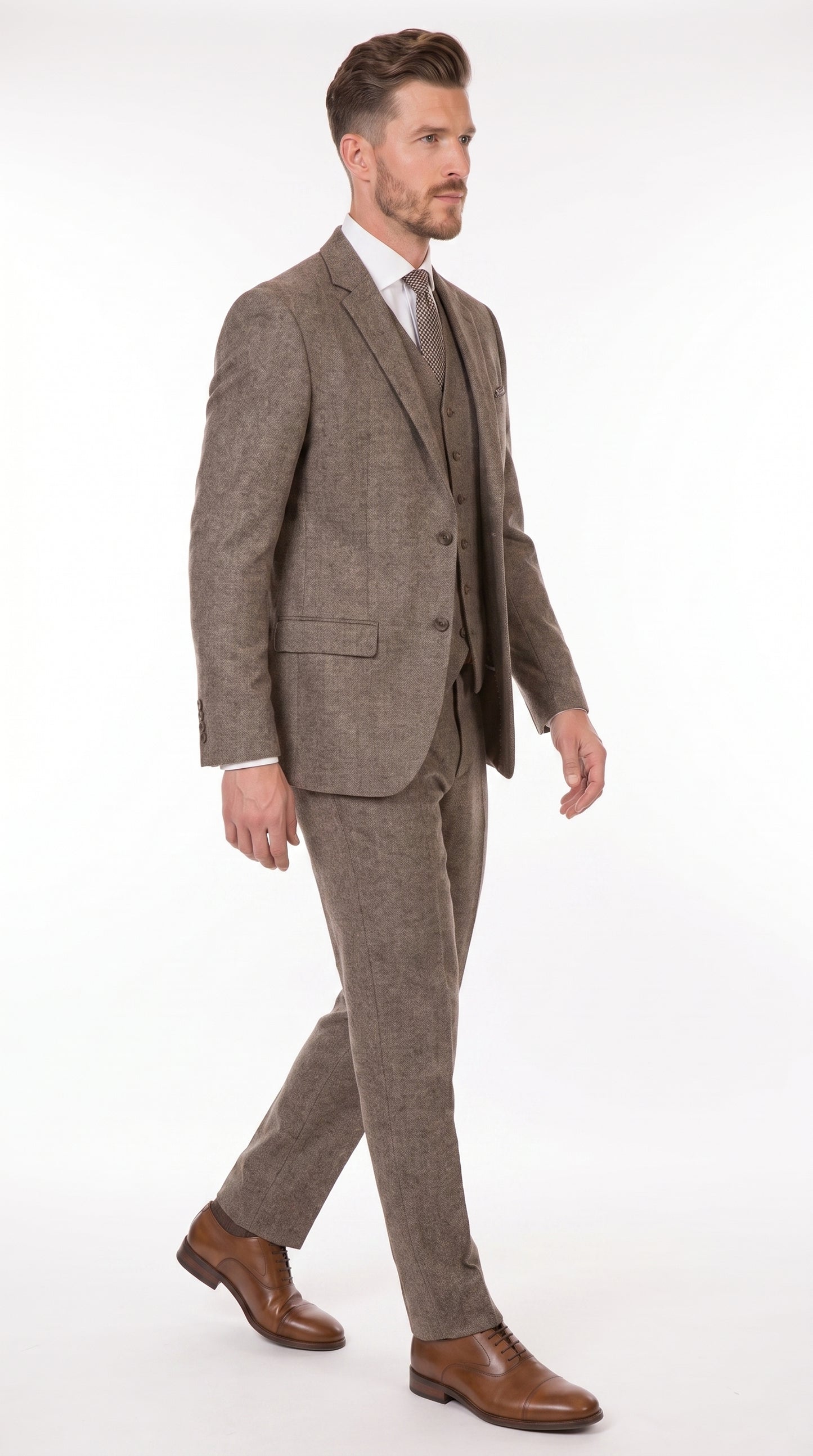 Men’s Vintage Brown Tweed Herringbone 1920s Suit, Classic Gatsby Style Dress Suit