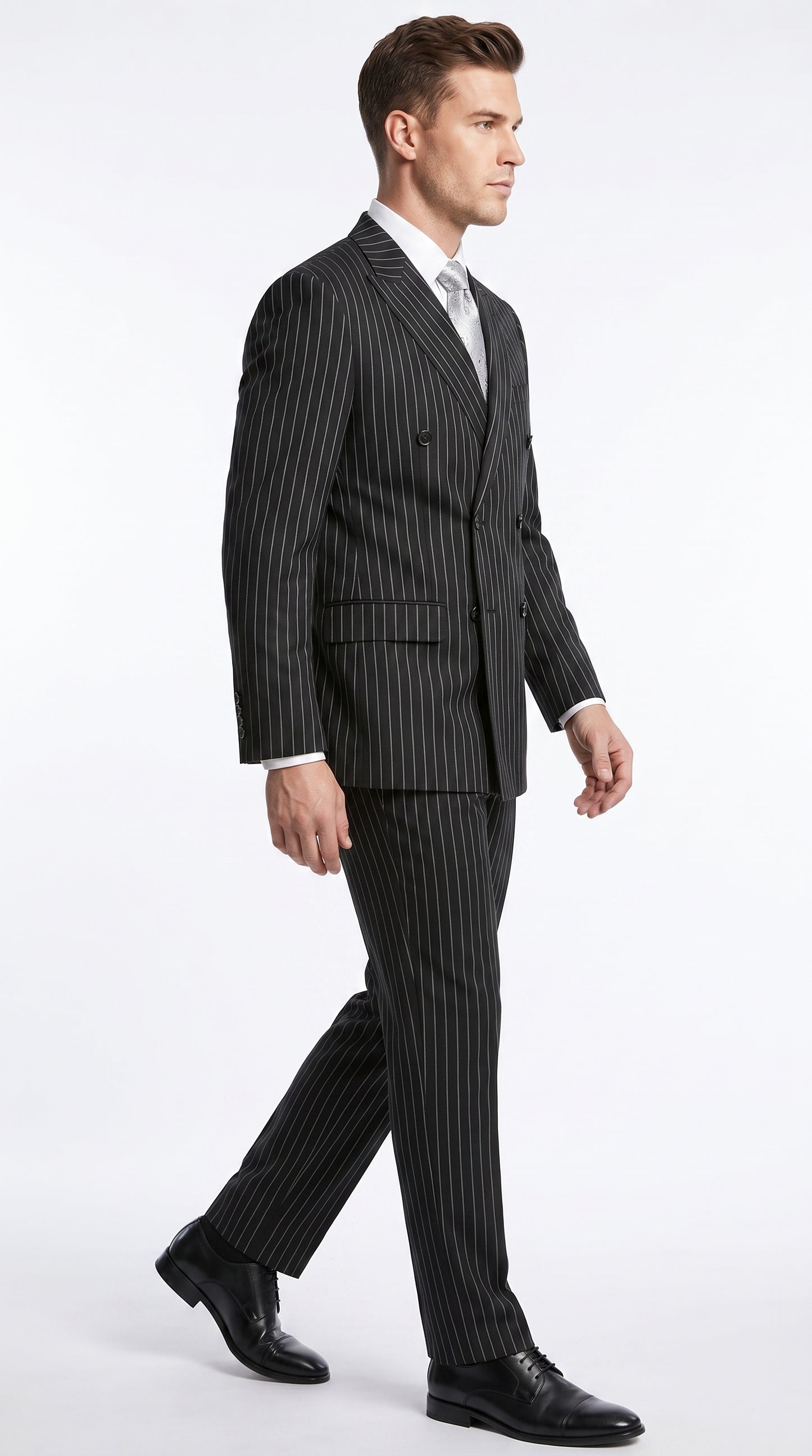 Men’s Black Double Breasted Bold Pinstripe Suit – Gangster Style Formal Dress Suit Modern Fit