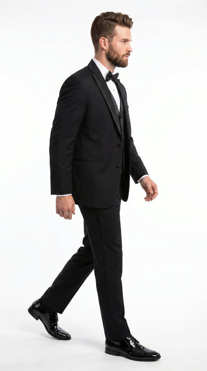 Men’s Black Modern 1 Button Tuxedo Suit with Satin Trim Peak Lapel and Wide Lapel Design