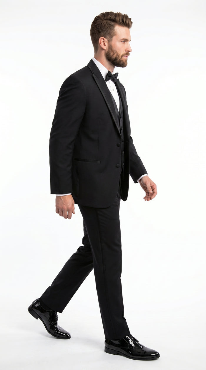 Men’s Black Modern 1 Button Tuxedo Suit with Satin Trim Peak Lapel and Wide Lapel Design