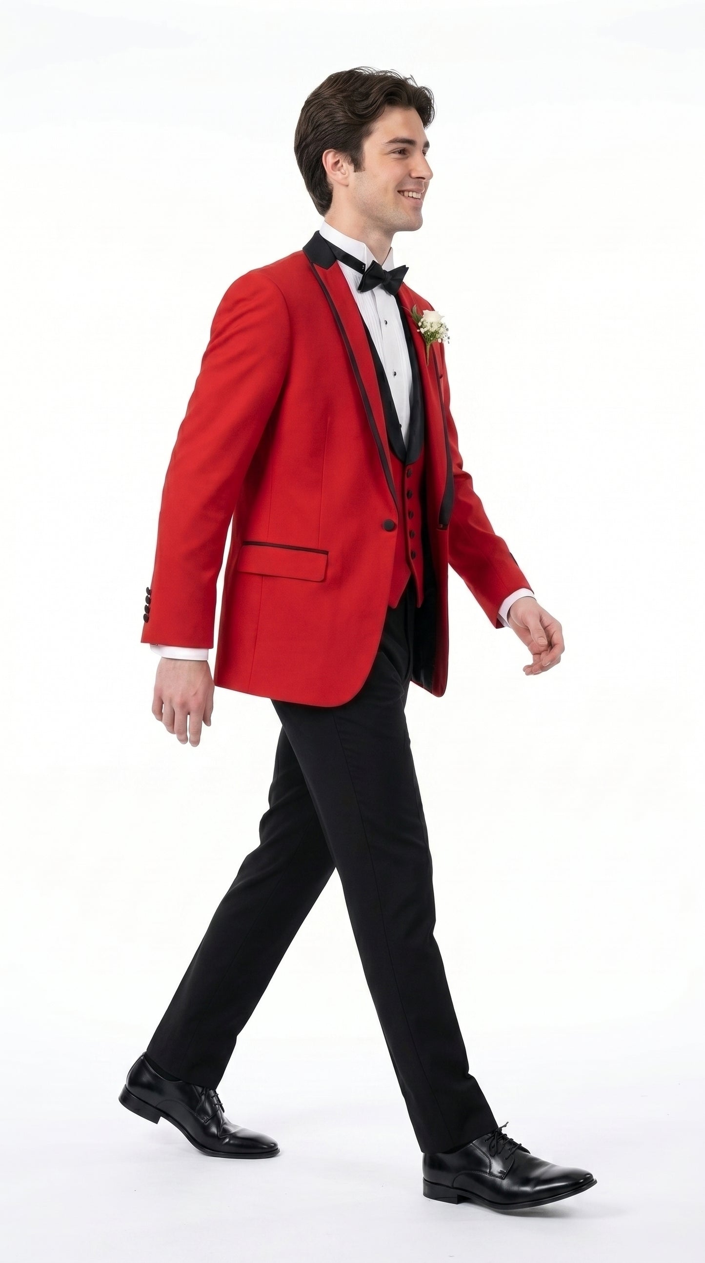 Men’s Red Prom Tuxedo Suit with Vest and Black Trim, Formal Wedding Dinner Suit