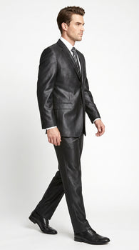 Men’s Vitali Black Sharkskin 2 Button Suit, Formal Wedding Business Dress Suit Set