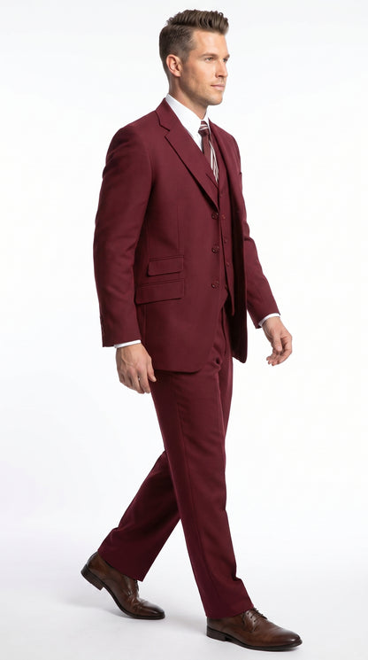 Men’s Burgundy Wine Maroon 3 Piece Vested Suit, Peak Lapel Formal Wedding Church Dress Suit Set