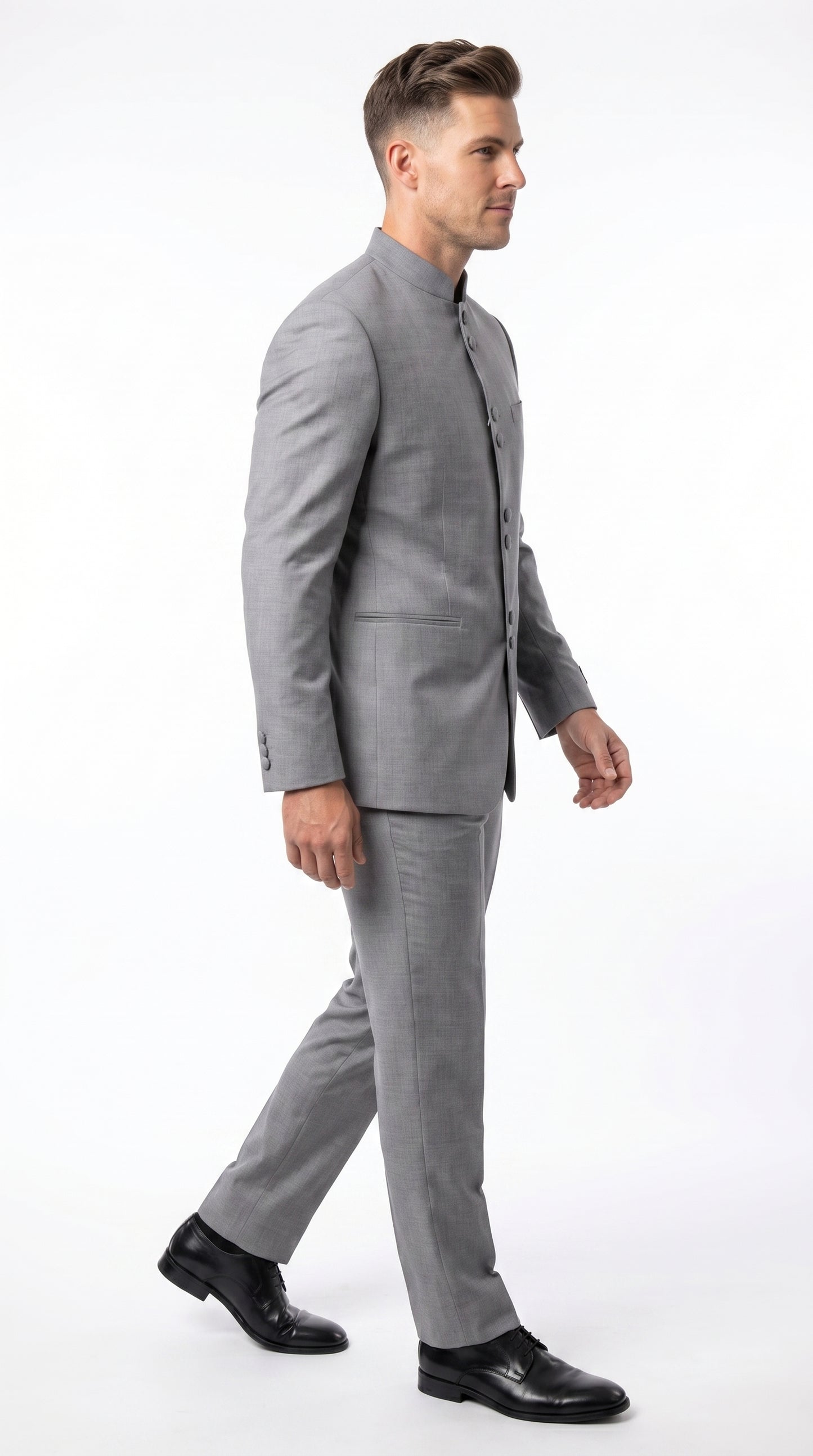 Alberto Nardoni Men’s Light Grey Mandarin Collar Suit, Banded No Collar Formal Wedding Church Suit