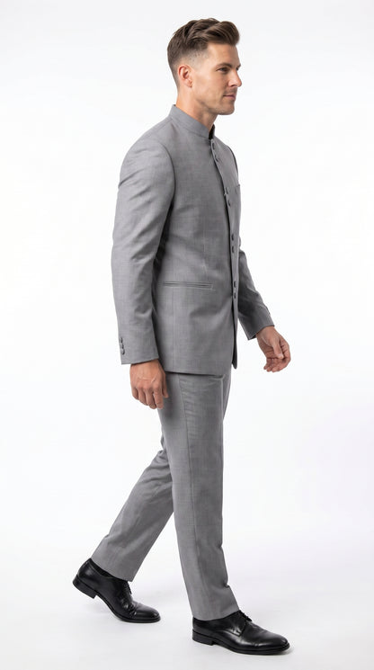 Alberto Nardoni Men’s Light Grey Mandarin Collar Suit, Banded No Collar Formal Wedding Church Suit