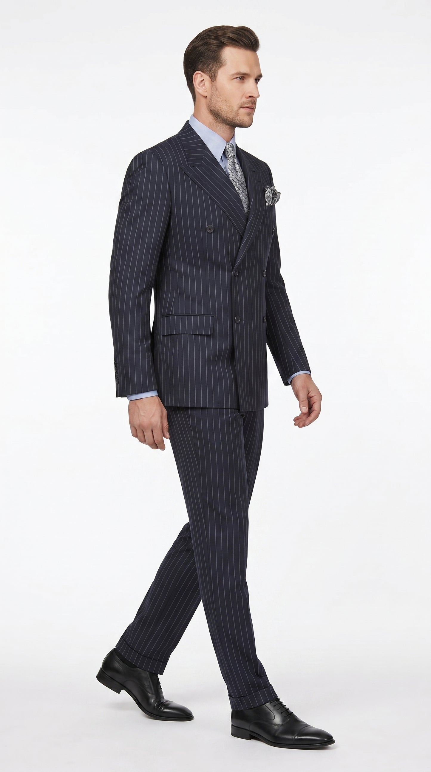 Men’s Dark Navy Blue Chalk Pinstripe Double Breasted Suit, Formal Wedding Business Dress Suit Set Modern Fit