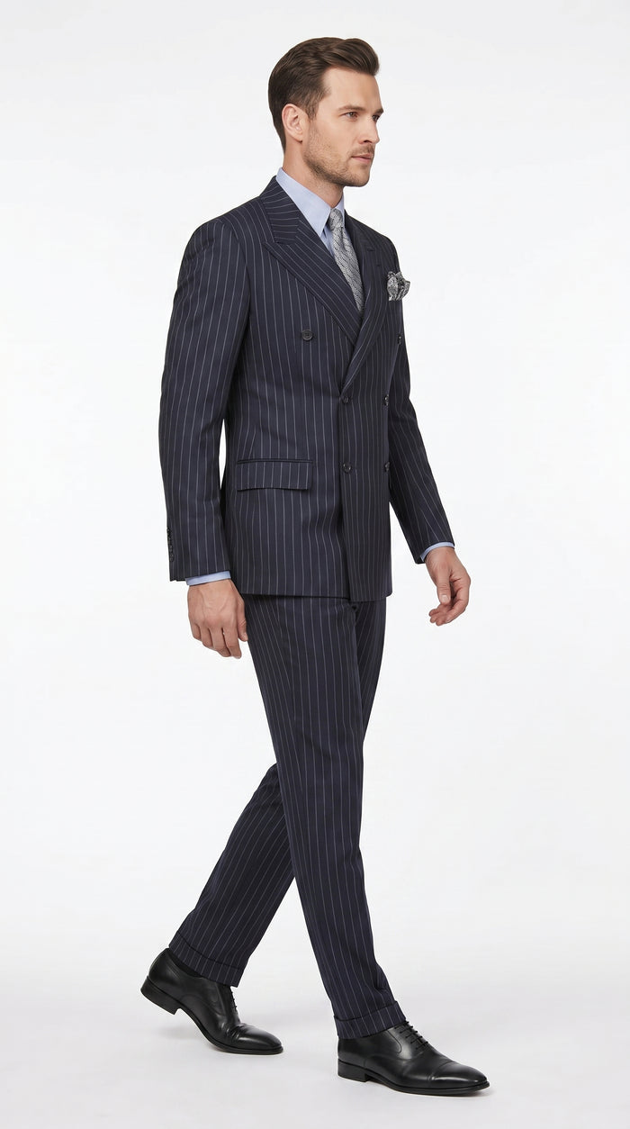 Men’s Dark Navy Blue Chalk Pinstripe Double Breasted Suit, Formal Wedding Business Dress Suit Set Modern Fit