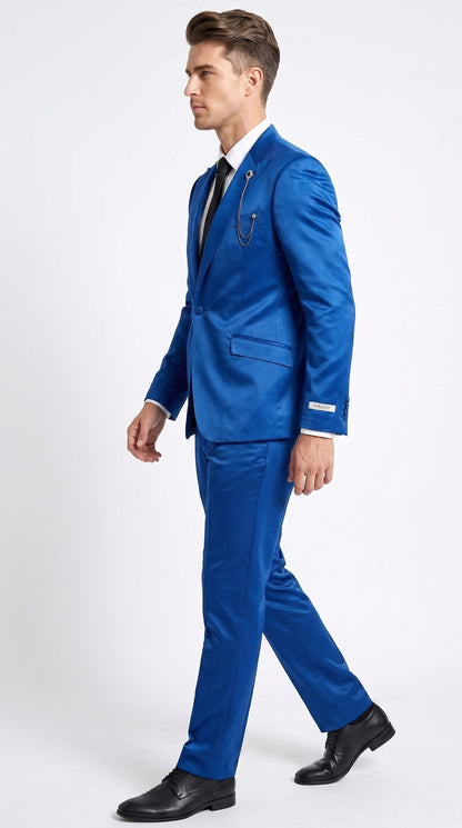 Men’s Shiny Metallic Blue Sharkskin Suit, Single Breasted Formal Wedding Prom Dress Suit Set  Modern Fit