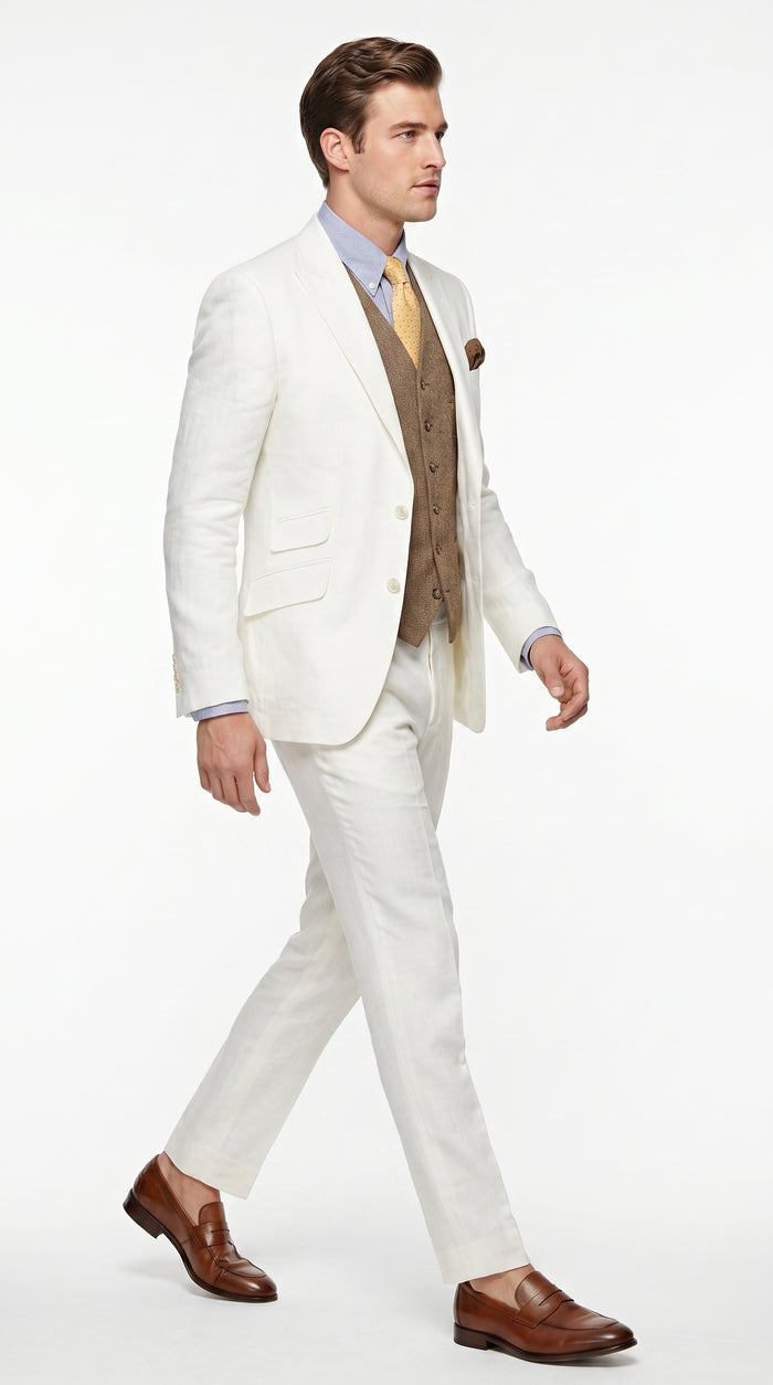 Men’s Off White Great Gatsby 3 Piece Suit, Vintage Wedding Prom Formal Vested Suit Set