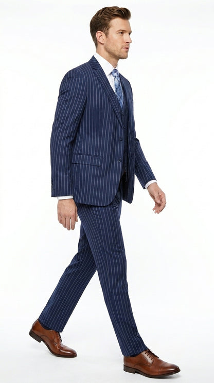 Men’s Teal Indigo Bright Blue Cobalt Pinstripe 3 Piece Suit, Formal Wedding Business Dress Suit Modern Fit
