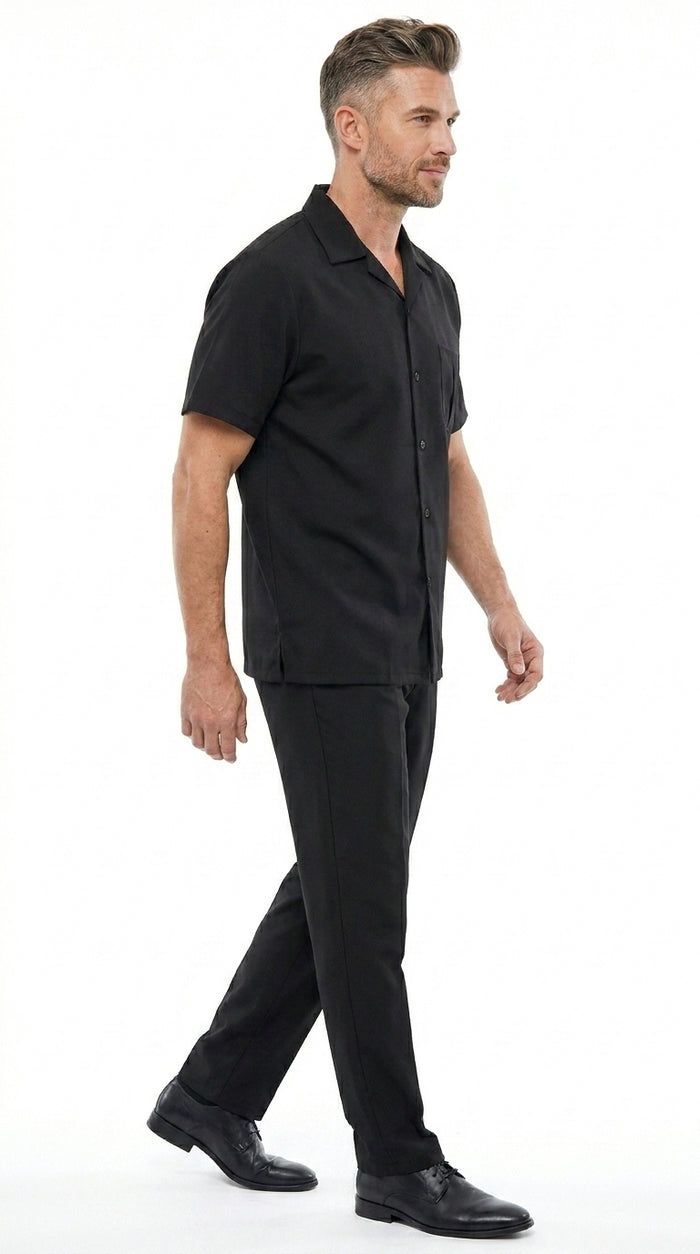 Men’s Black Big and Tall Walking Suit with Short Sleeve Shirt and Matching Pants, Casual Suit up to 6XL