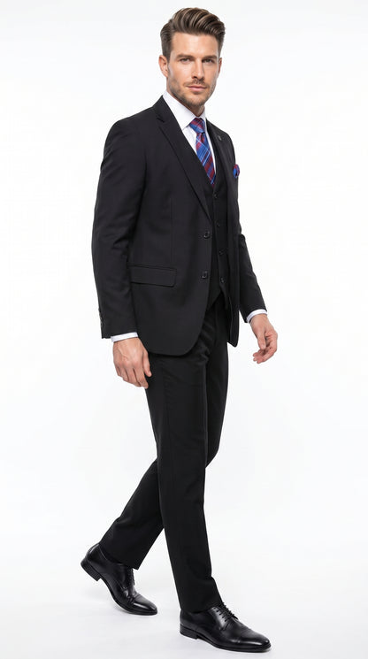 Men’s Black 3 Piece 2 Button Suit, Vested Formal Wedding Business Dress Suit Set