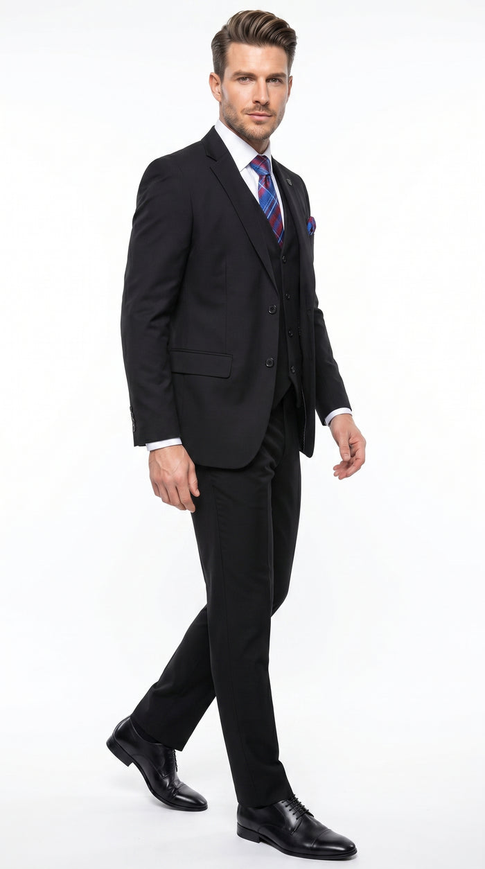 Men’s Black 3 Piece 2 Button Suit, Vested Formal Wedding Business Dress Suit Set