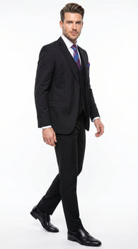 Men’s Black 3 Piece 2 Button Suit, Vested Formal Wedding Business Dress Suit Set