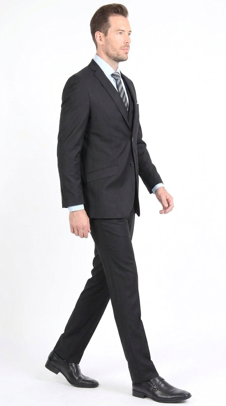 Men’s Black 3-Piece Vested Suit – Two-Button Formal Suit with Vest & Flat-Front Pants