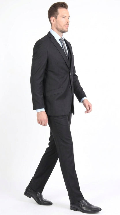 Men’s Black 3-Piece Vested Suit – Two-Button Formal Suit with Vest & Flat-Front Pants