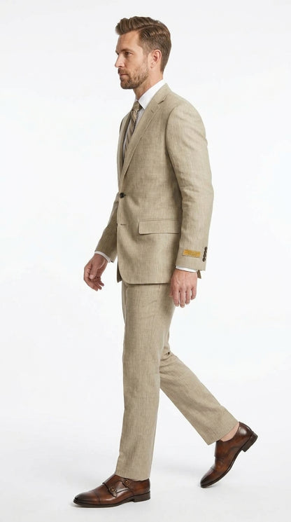 Men’s Beige Big & Tall Linen Suit – 2-Button Summer Wedding & Beach Suit