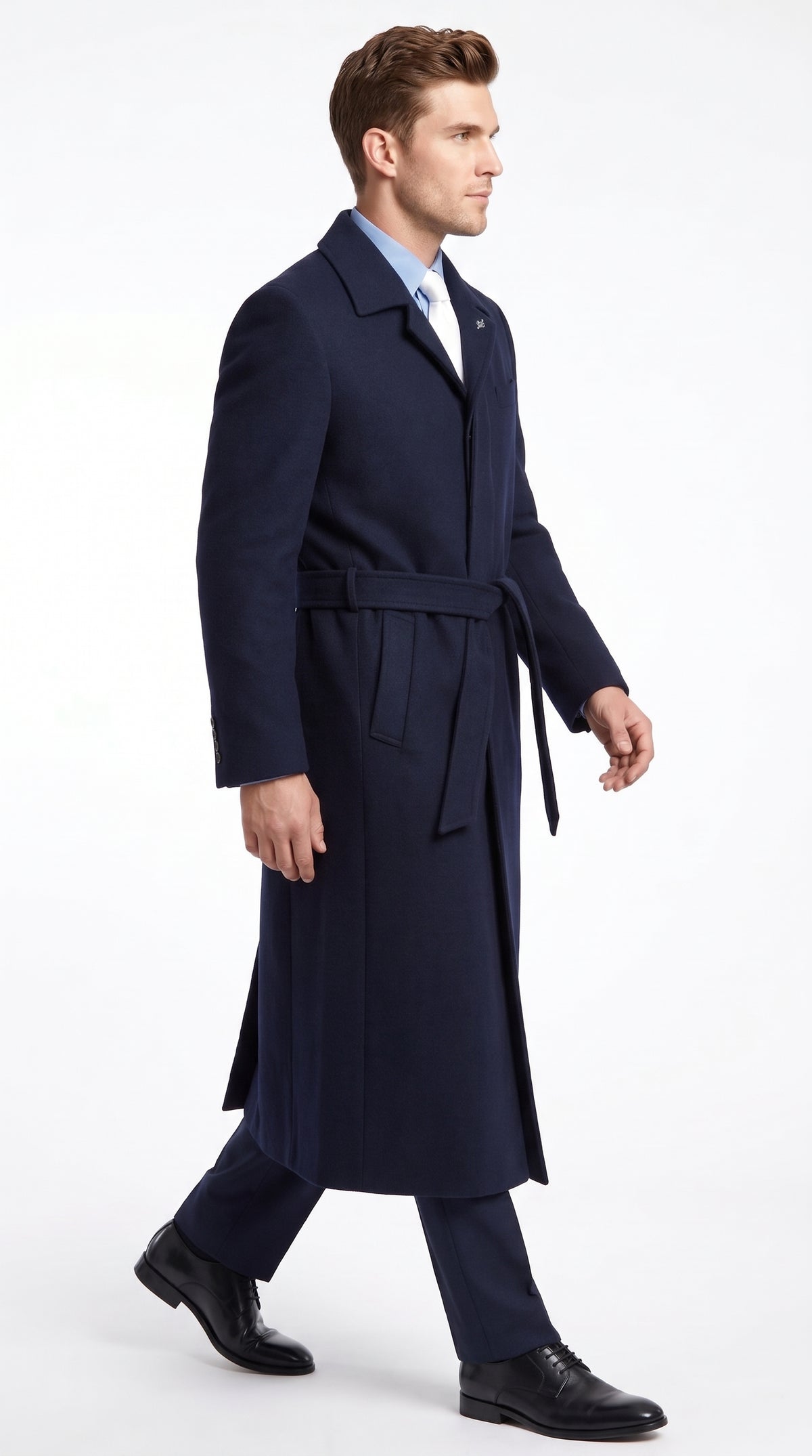 Men's Navy Blue Full Length Belted Overcoat – Classic Long Winter Dress Coat with Waist Belt