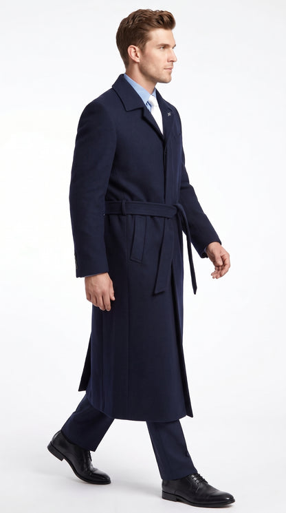 Men's Navy Blue Full Length Belted Overcoat – Classic Long Winter Dress Coat with Waist Belt