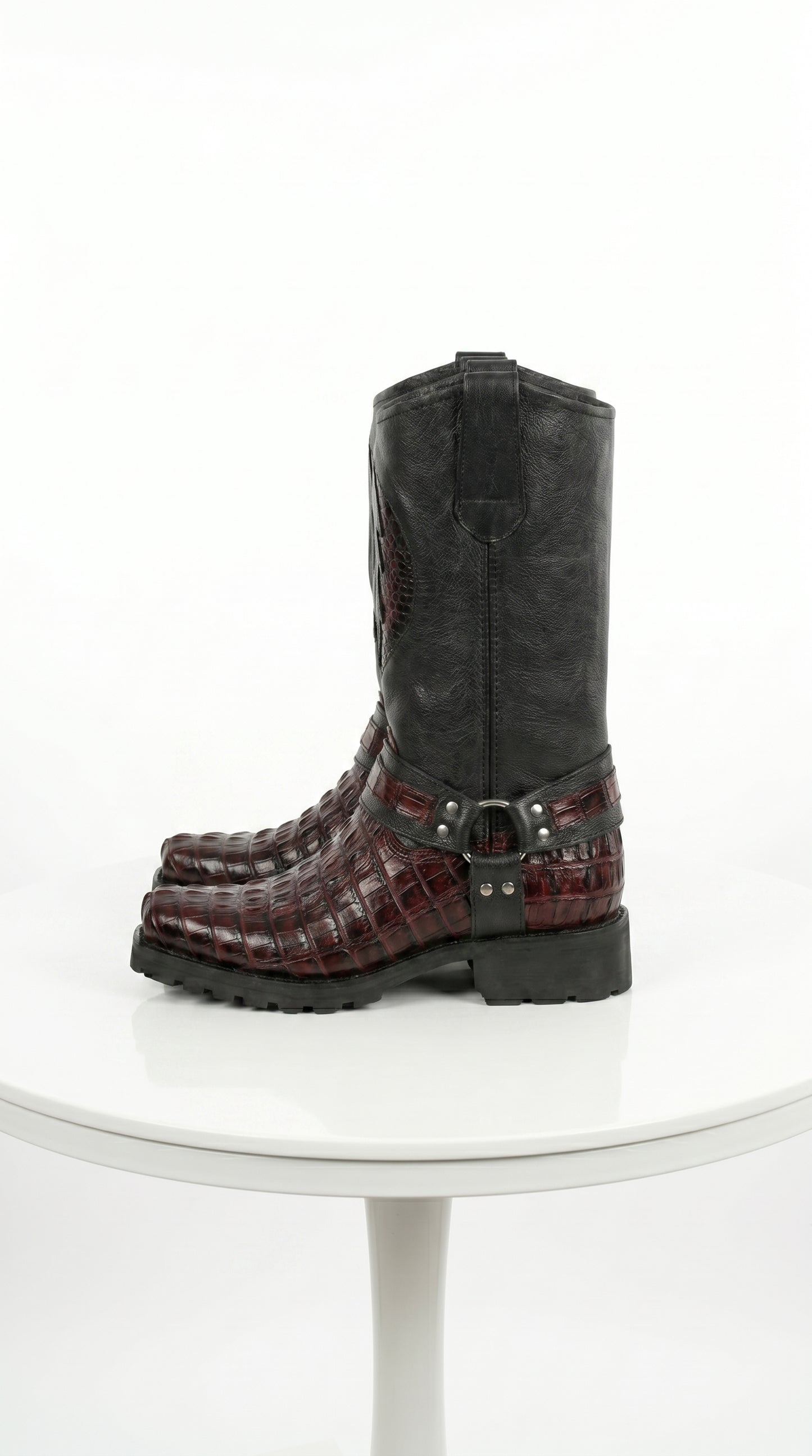Men’s Los Altos Black Cherry Caiman Tail Skin Biker Boots, Exotic Western Motorcycle Boots