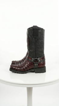 Men’s Los Altos Black Cherry Caiman Tail Skin Biker Boots, Exotic Western Motorcycle Boots