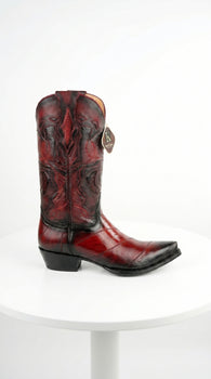 Men’s King Exotic Burnished Burgundy Eel Snip Toe Boots, Handcrafted Western Dress Boots 494RD0843