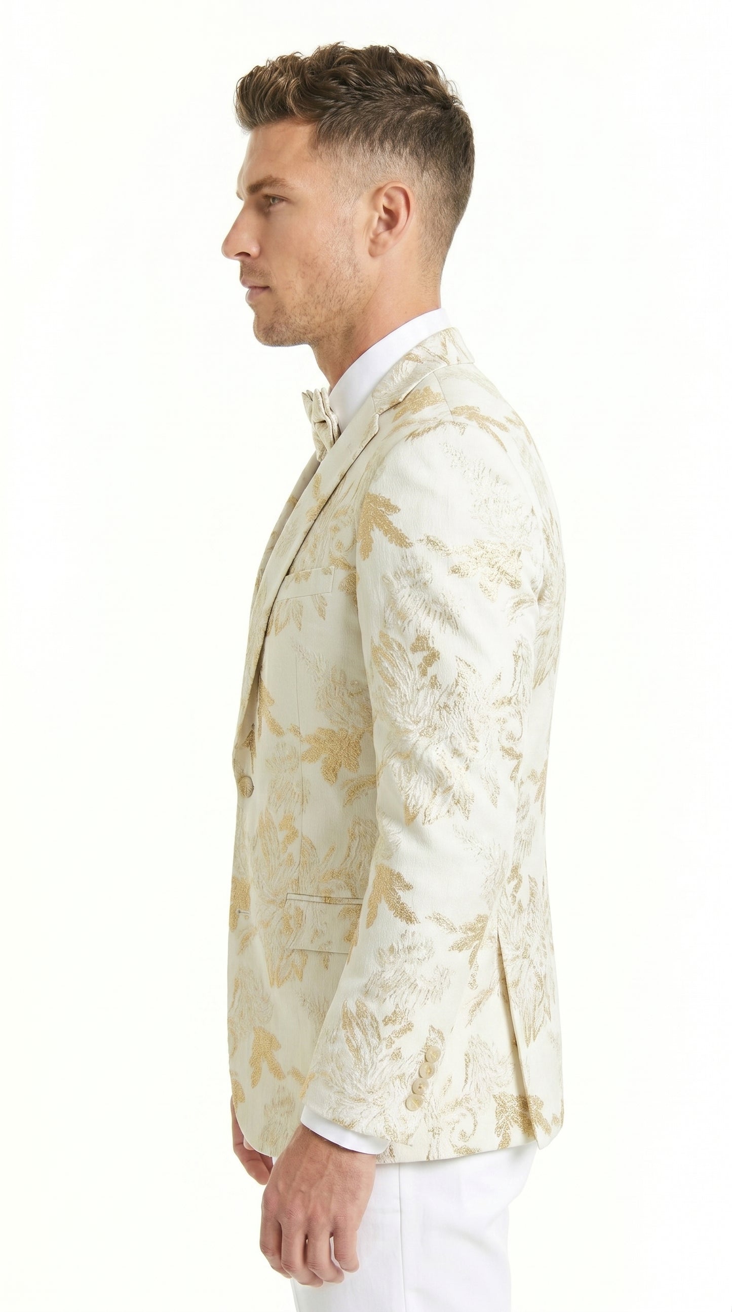 Men’s Off White and Gold Floral Paisley Tuxedo Blazer, Big and Tall Sparkling Formal Sport Coat